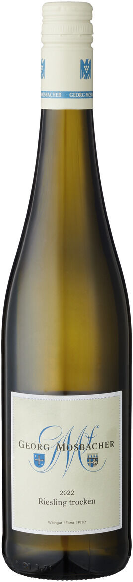 Eine Flasche »ZEIT-Weinedition Pfalz« Riesling trocken von Georg Mosbacher, Jahrgang 2022, mit weißem Etikett und blauer Schrift, helle Verschlusskappe.